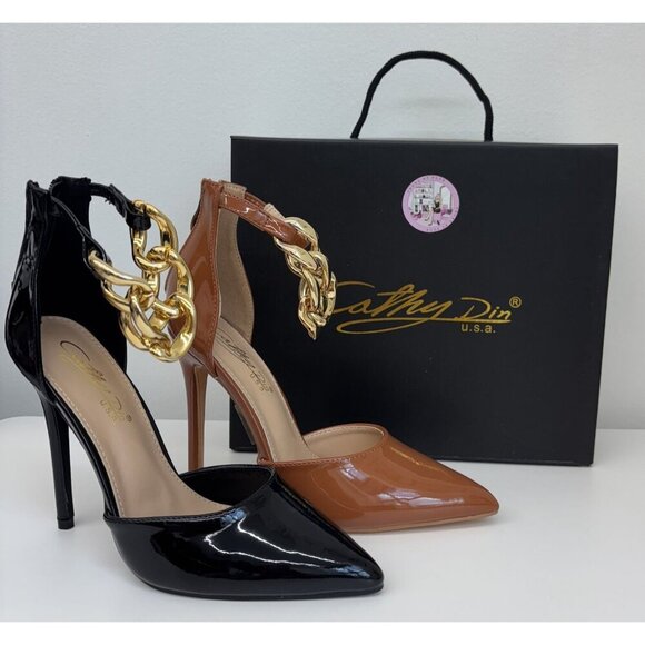 CATHY DIN / Rae-61 / Patent Leather / Stiletto Heels/  With Gold  / Chain Anklet - Picture 6 of 7